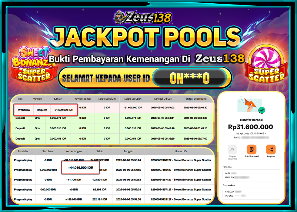 ZEUS138 SWEET BONANZA SUPER SCATTER Rp.31.600.000,- LUNAS