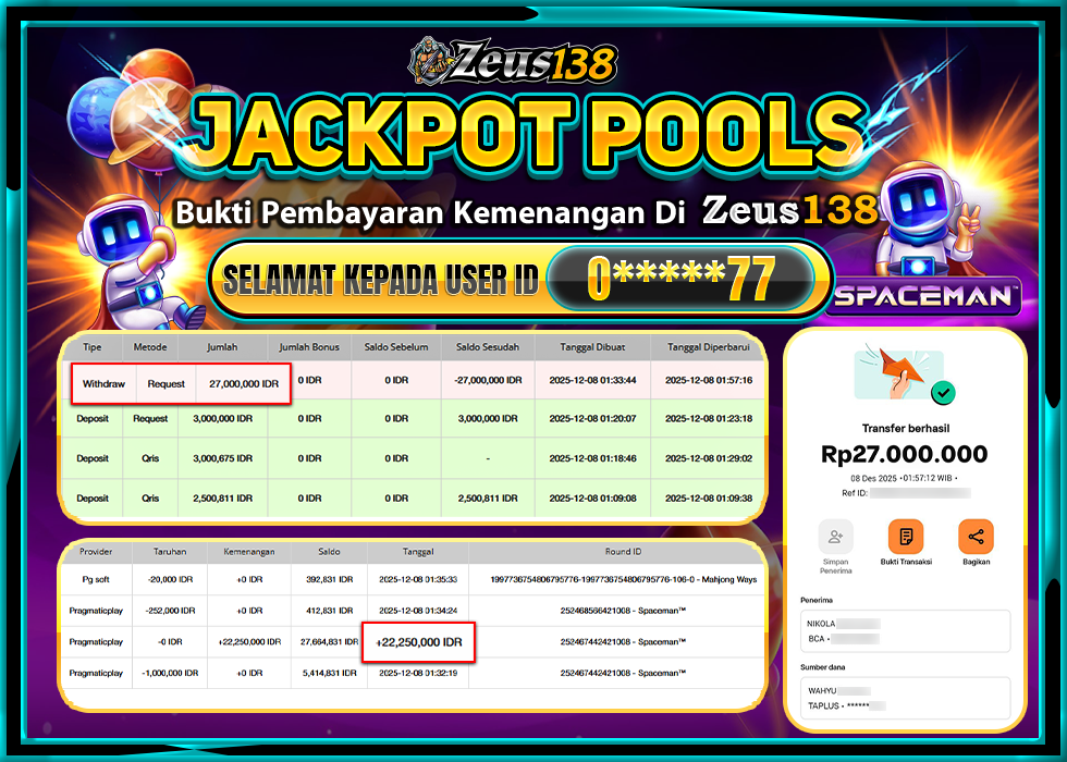 ZEUS138 SPACEMAN Rp.27,000,000 LUNAS 