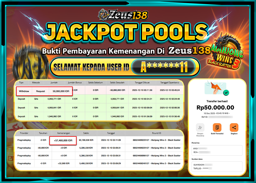 ZEUS138 MAHJONG WINS 3 BLACK SCATTER Rp.50,000,000 LUNAS 
